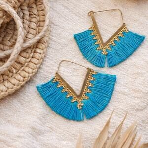 Turquoise Blue Fringe Dangle Earrings Gold Triangle Boho Festival